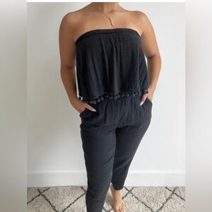 Aerie Black Strapless Flowy Pom Pom Jumpsuit with Pockets Sz Small Vacation